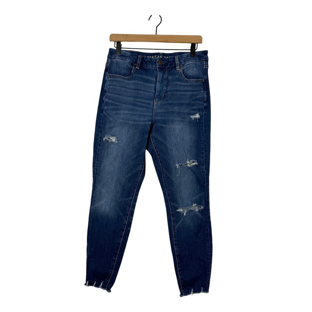 American Eagle‎ Curvy Hi Rise Jeans Size 12 Short Blue Denim Distressed Jegging
